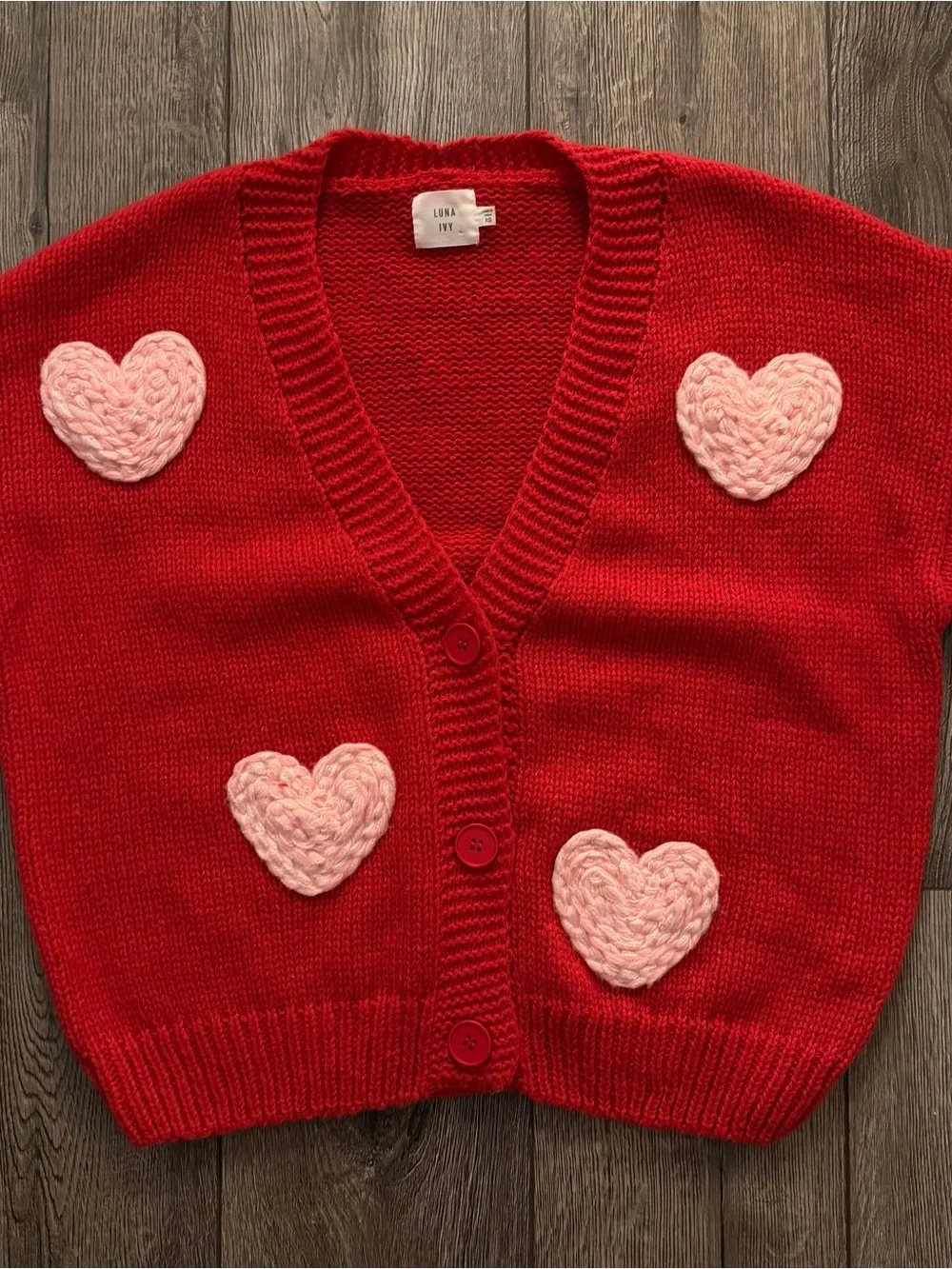 Red V-Neck Cardigan with Pink Heart Appliqués